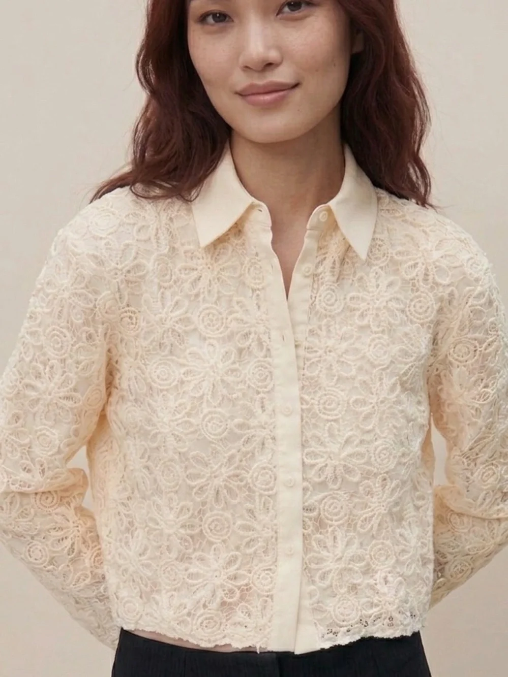 Zara Floral Lace Cropped Button Up Shirt Jacket Cream Size S Style 4786/331